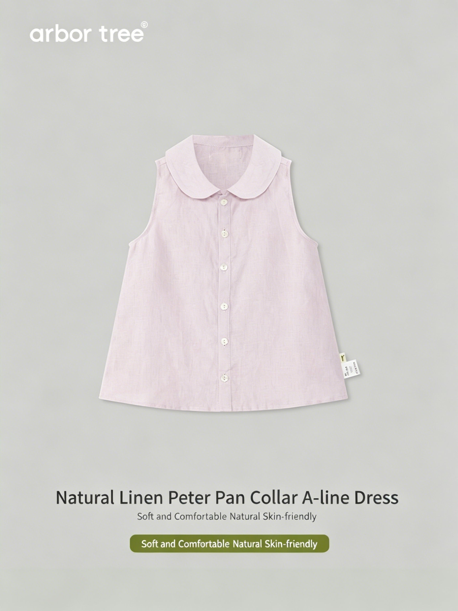 ArborTree girl's linen A-line skirt with front opening, natural fabric, size 14x14 thread count, displayed on a hanger.