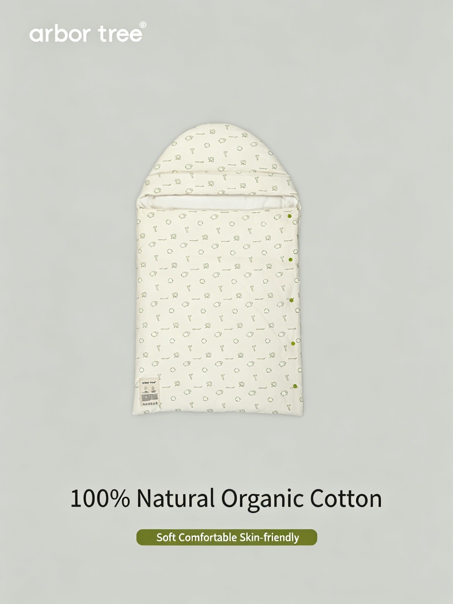 Organic cotton baby swaddle blanket by ArborTree, soft, natural, breathable, suitable for all seasons, gentle on baby's skin.