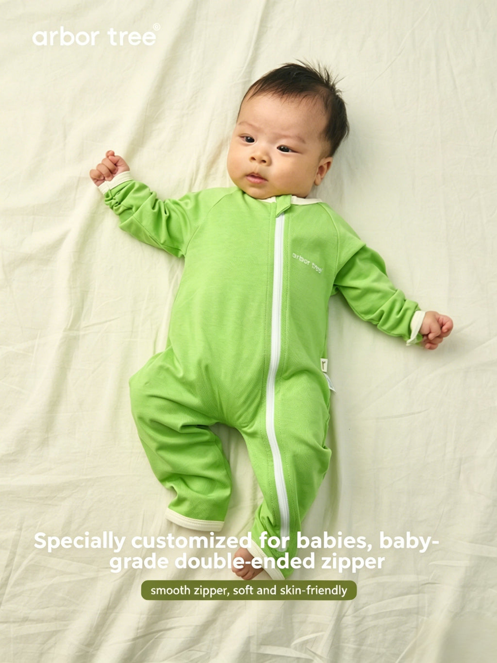 ArborTree organic cotton long-sleeve one-piece for kids with side zipper, warm, gentle on skin, suitable for spring and fall.