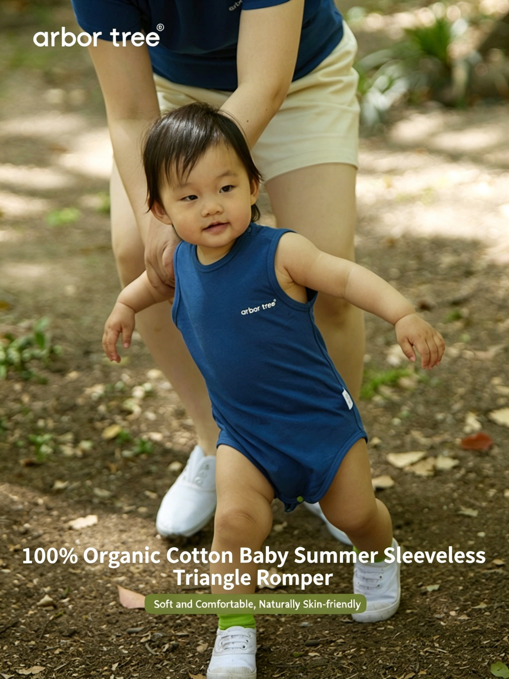 ArborTree organic cotton baby romper with sleeveless open-shoulder design, triangle cut, in natural colors for summer wear.