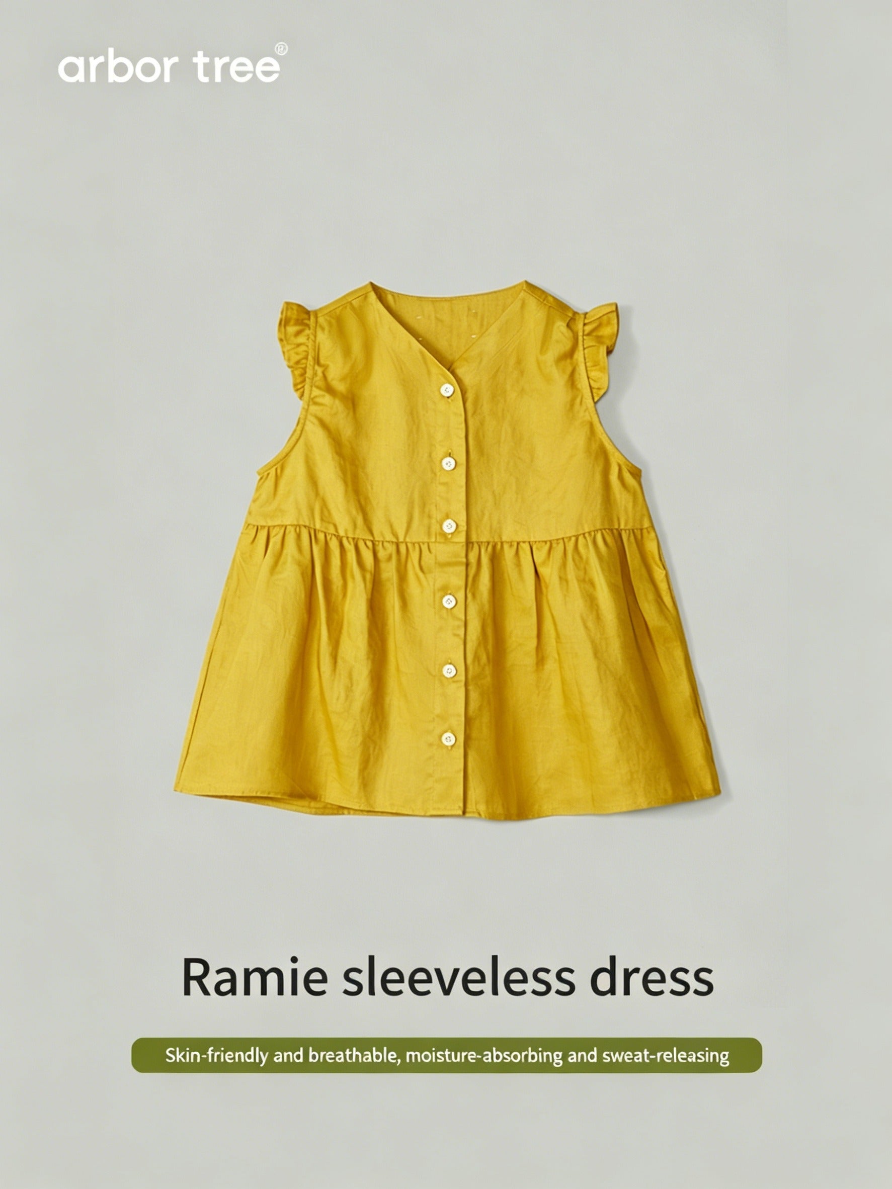 Baby girl wearing a sleeveless ArborTree Ramie dress in natural beige, featuring a simple, comfortable design for warm weather.