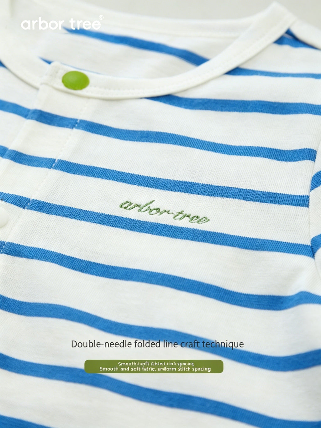 ArborTree organic cotton short-sleeve romper for kids, front-opening design, lightweight, breathable, moisture-wicking for boys and girls.