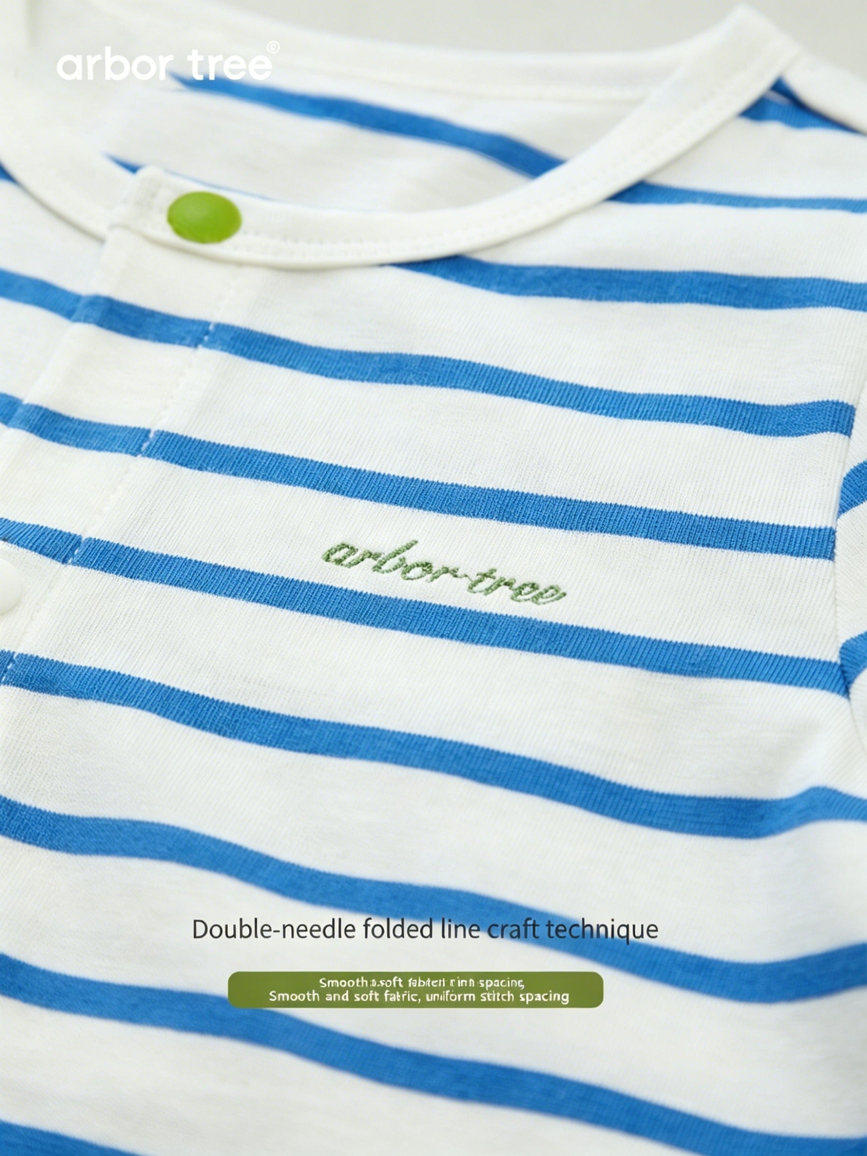 ArborTree organic cotton short-sleeve romper for kids, front-opening design, lightweight, breathable, moisture-wicking for boys and girls.