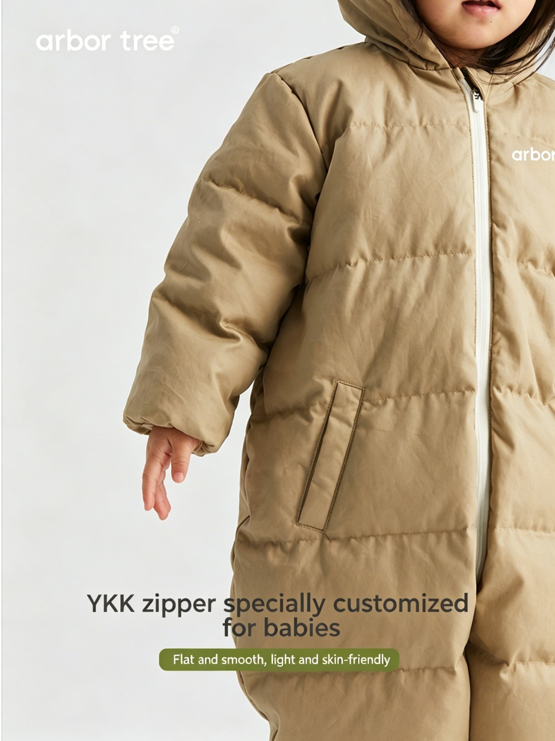 ArborTree Winter down onesies for boys and girls made from natural materials; the outer layer meets Class A standards and has undergone a triple-proof treatment