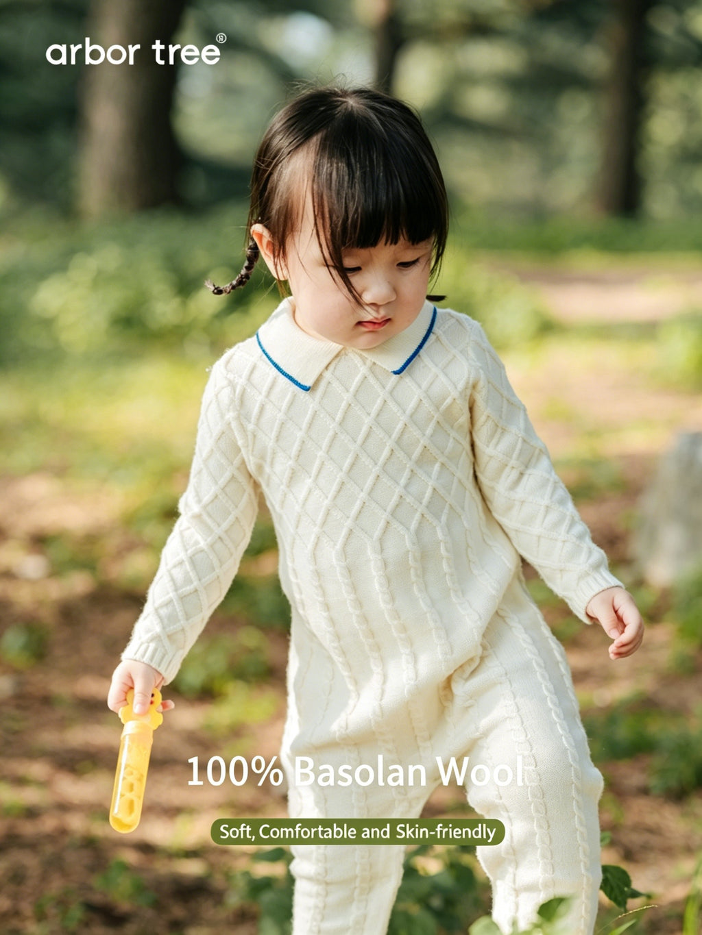 ArborTree Grandma Series baby polo-neck romper in soft 100% Merino wool, warm and cozy for fall and winter, natural kids clothing