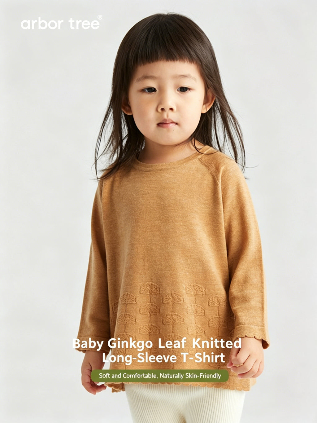 Unisex kids' ArborTree Wool-Linen Ginkgo Leaf long-sleeve knit T-shirt in soft, warm, moisture-wicking fabric for spring and fall.