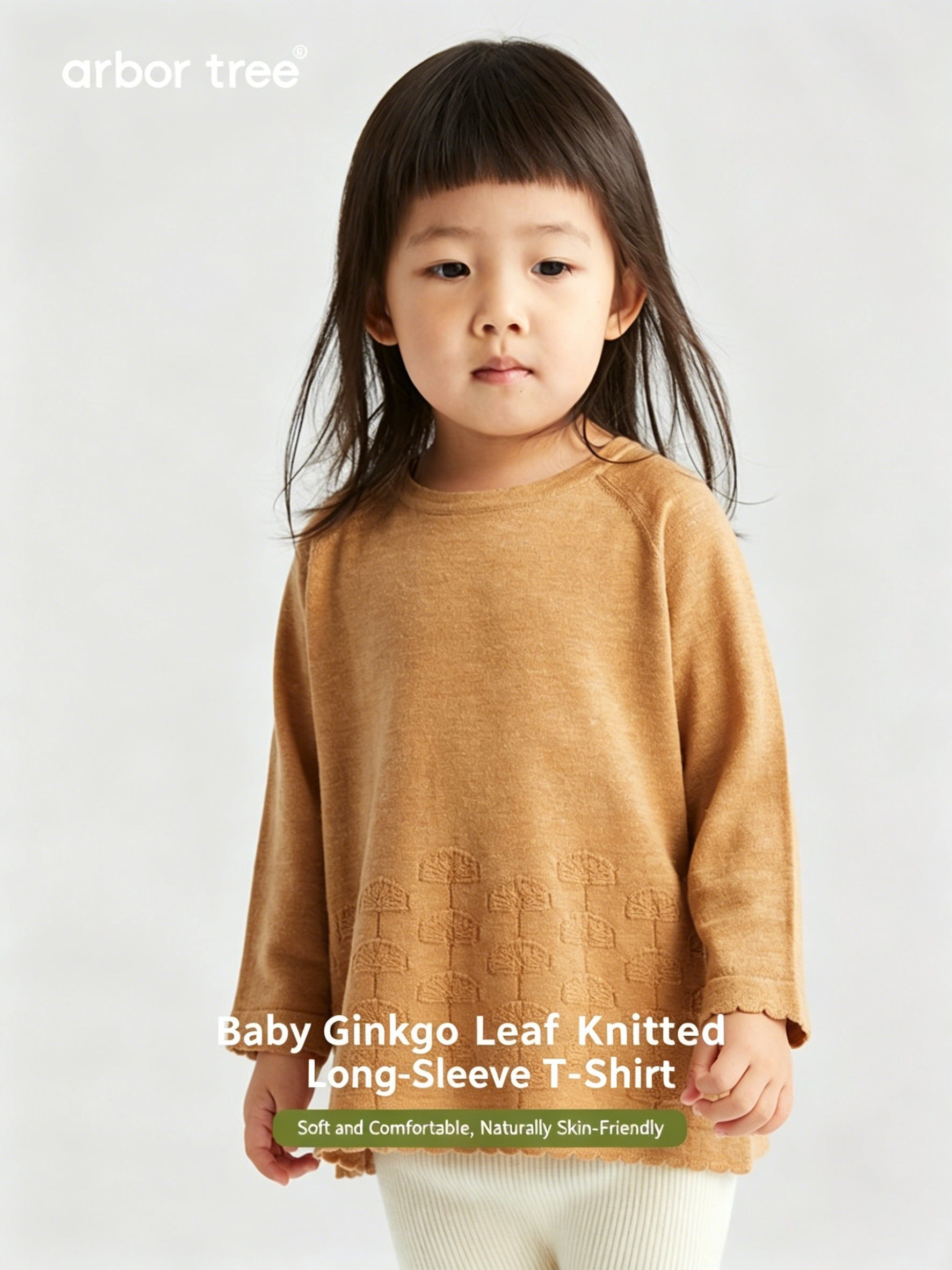 Unisex kids' ArborTree Wool-Linen Ginkgo Leaf long-sleeve knit T-shirt in soft, warm, moisture-wicking fabric for spring and fall.