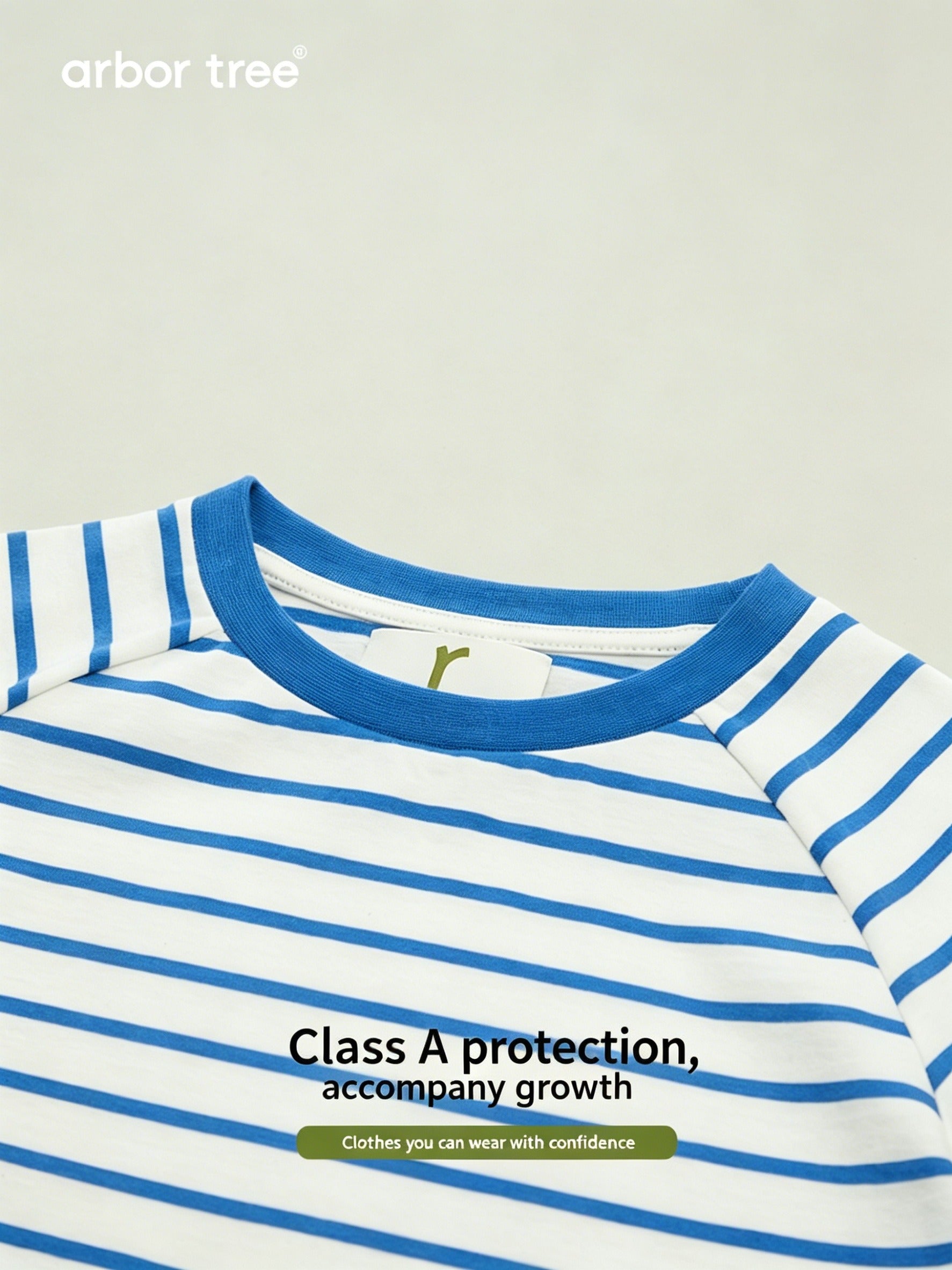 ArborTree organic cotton baby blue and white striped short sleeve T-shirt for kids, natural and comfortable baby clothing.