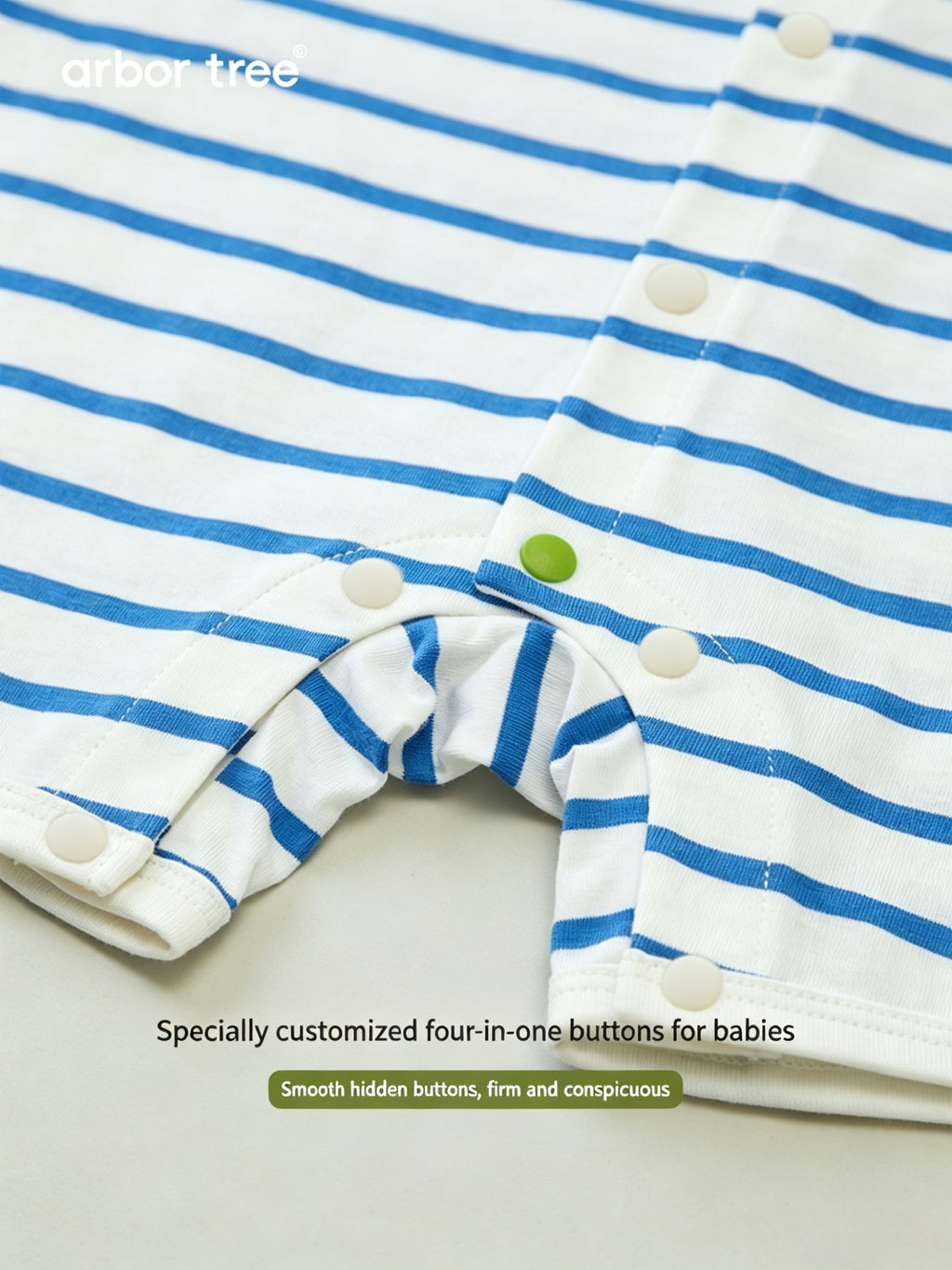 ArborTree organic cotton short-sleeve romper for kids, front-opening design, lightweight, breathable, moisture-wicking, suitable for boys and girls.
