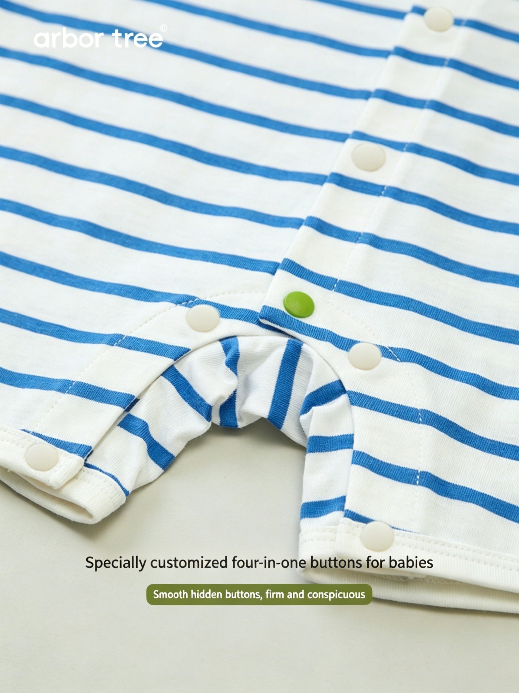 ArborTree organic cotton short-sleeve romper for kids, front-opening design, lightweight, breathable, moisture-wicking, suitable for boys and girls.