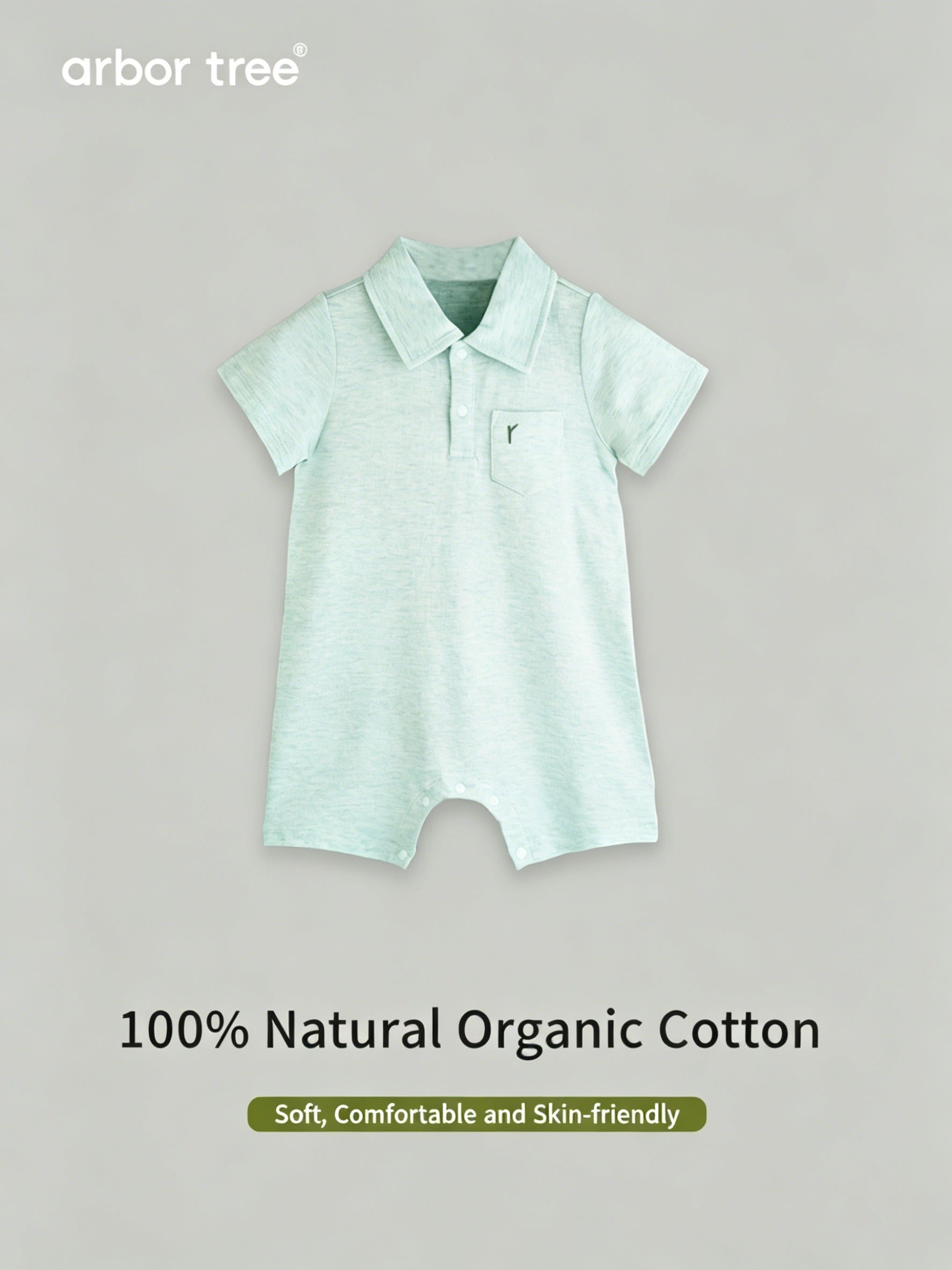 ArborTree organic cotton baby polo neck bodysuit in soft white with buttons, designed for comfortable, natural baby wear.