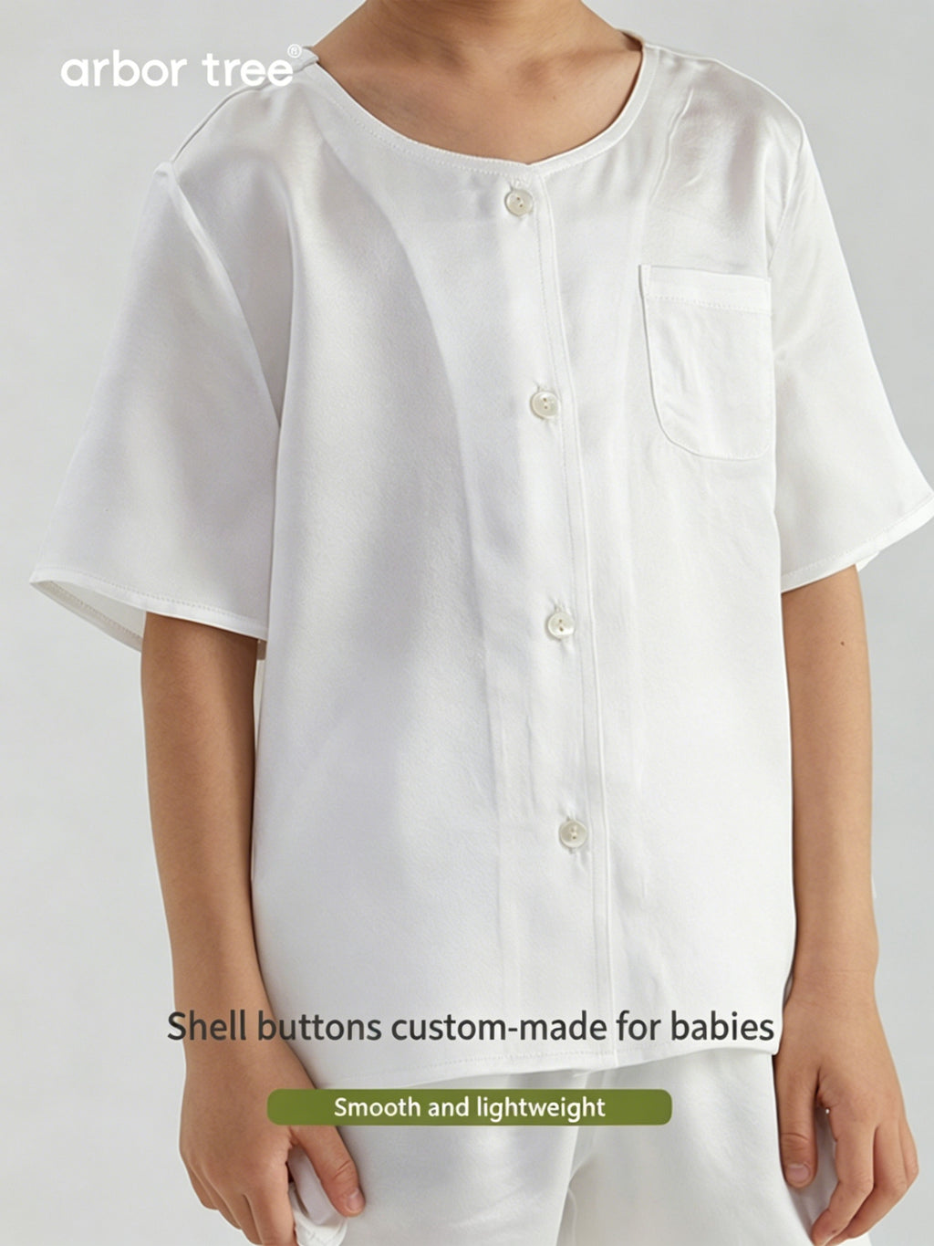 ArborTree summer baby loungewear set in 100% mummy silk satin, includes pajamas with soft, breathable fabric for comfort.