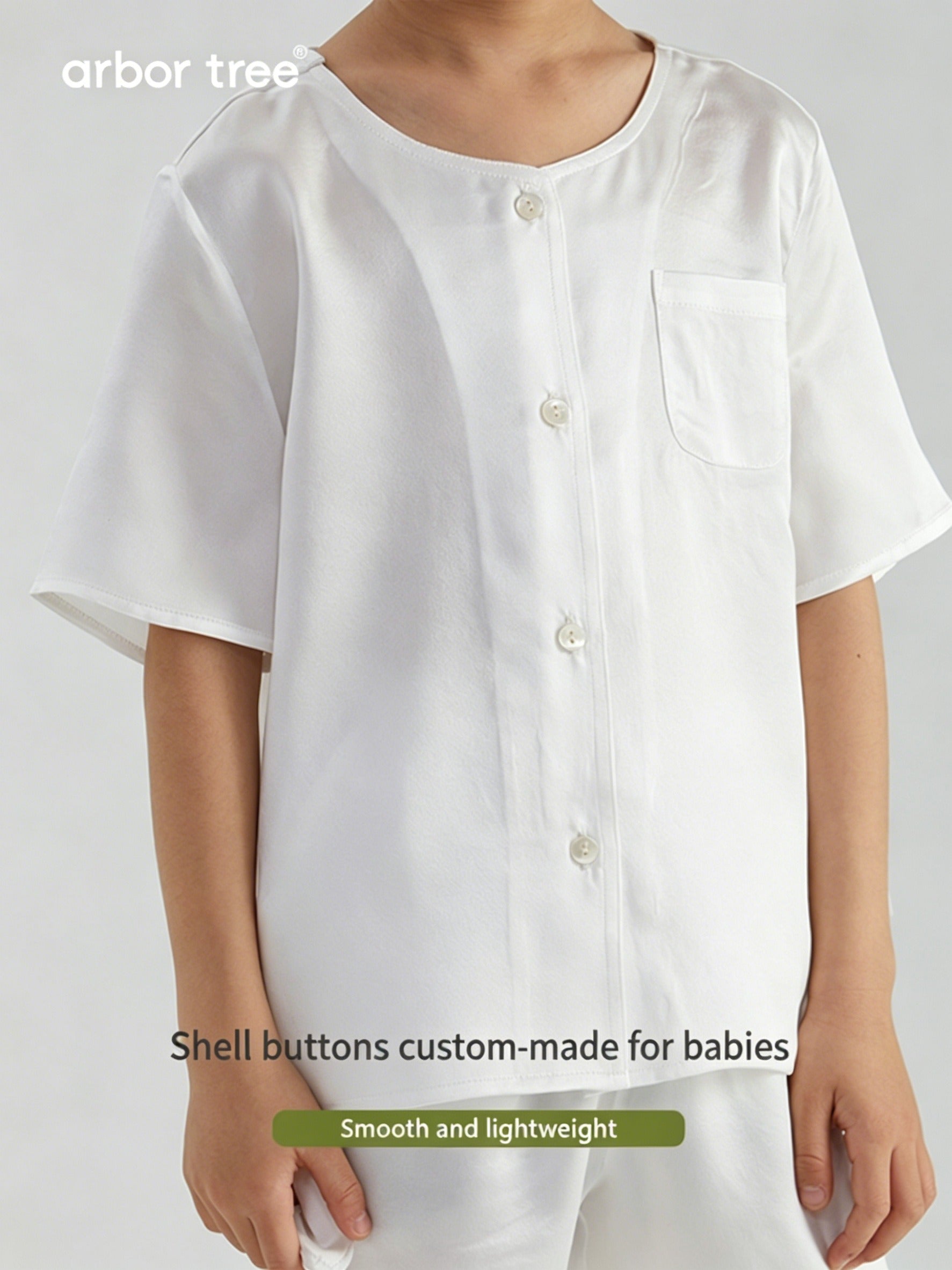 ArborTree summer baby loungewear set in 100% mummy silk satin, includes pajamas with soft, breathable fabric for comfort.