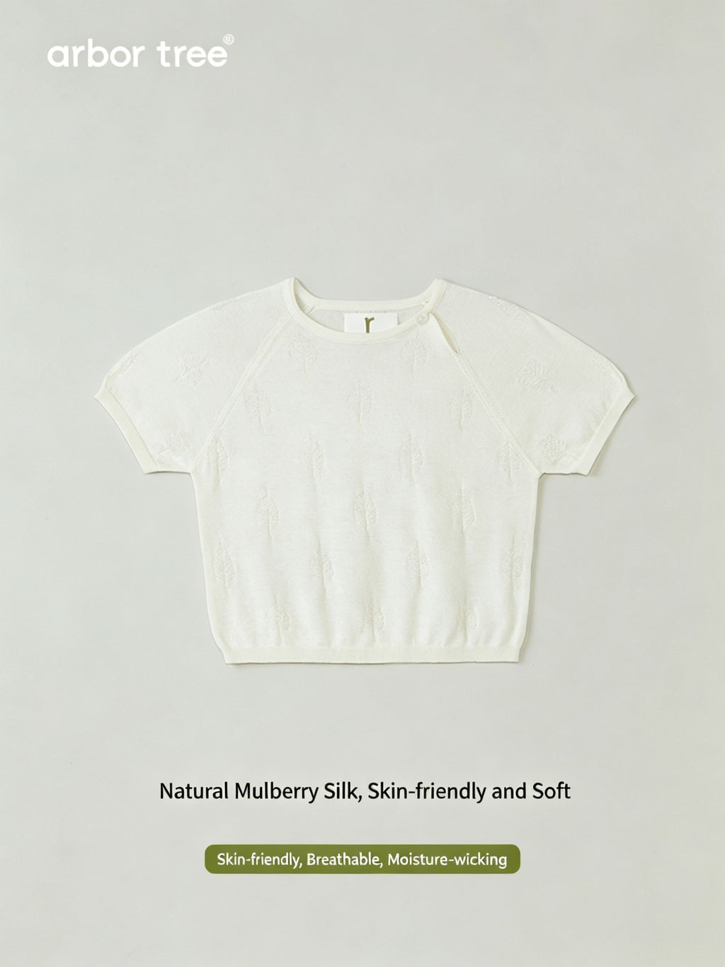 ArborTree baby summer knit T-shirt with drop shoulders, made of mulberry silk and cashmere, soft, breathable, and lightweight.