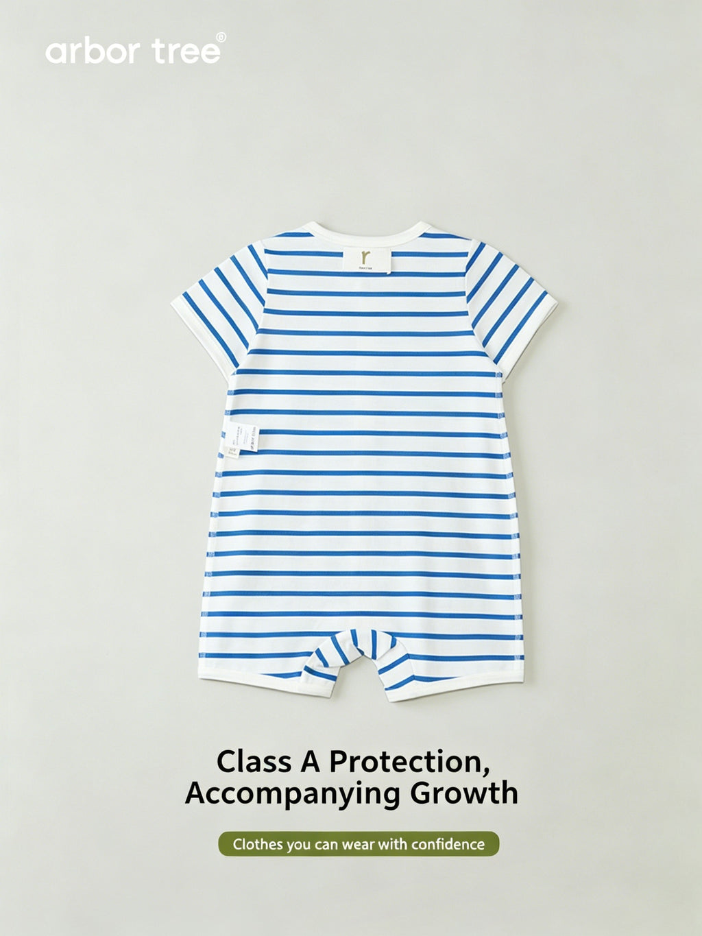ArborTree organic cotton short-sleeve romper for kids, front-opening, lightweight, breathable, moisture-wicking, natural kids clothing.