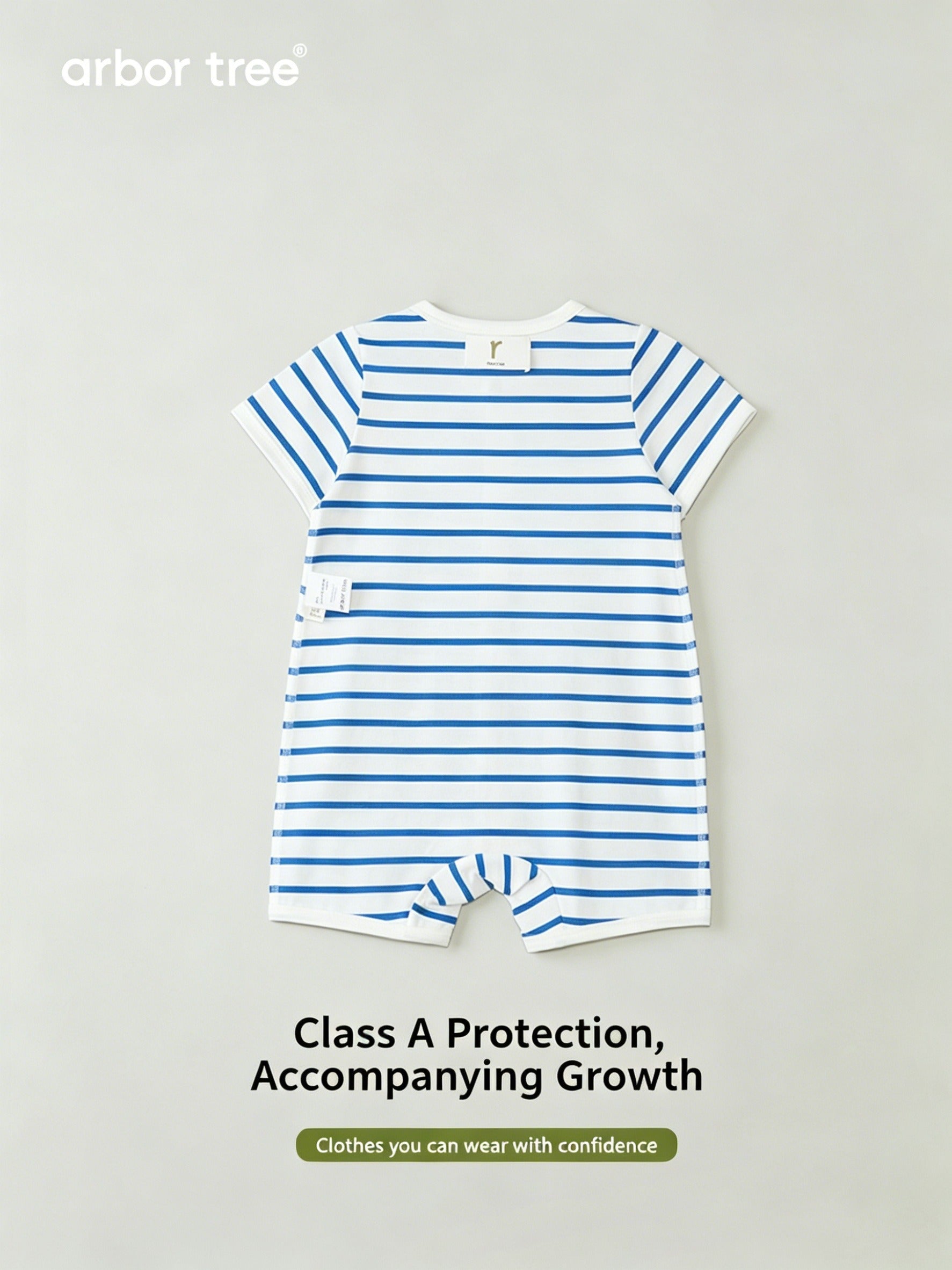 ArborTree organic cotton short-sleeve romper for kids, front-opening, lightweight, breathable, moisture-wicking, natural kids clothing.